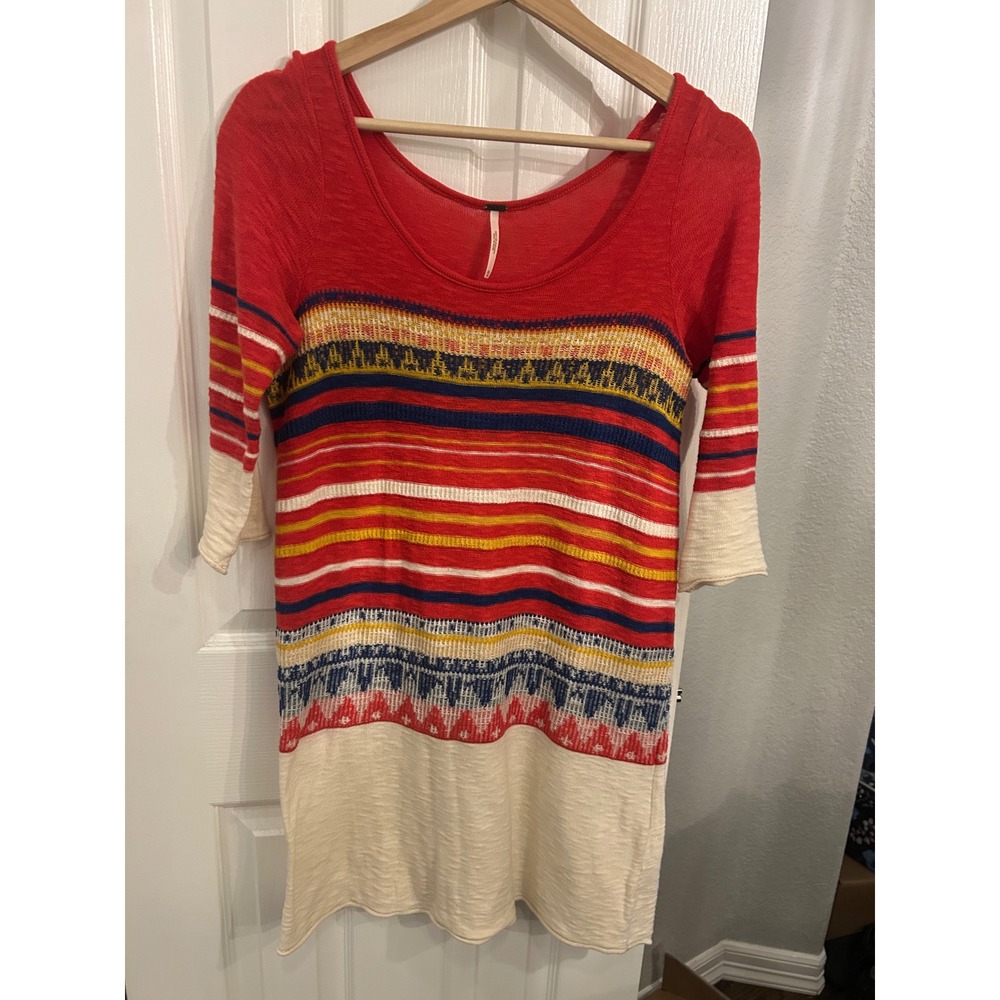Free People‎ Red Multi Color Striped Boho Knit Mini Dress Tunic XS